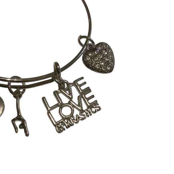 Gymnastics Themed Silver Bangle Charm Bracelet Heart Inspirational Rhinestone OS - Picture 2 of 4